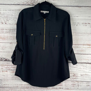 Trina Turk Women's 1/4 Zip Black Collared Blouse L